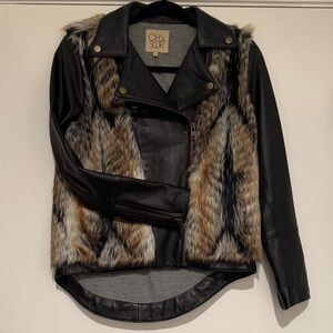 Chaser Black and Tan Faux Fur Leather Moto Jacket